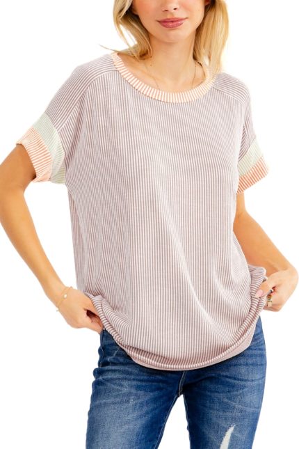 Rib Color Block Short Sleeve Top