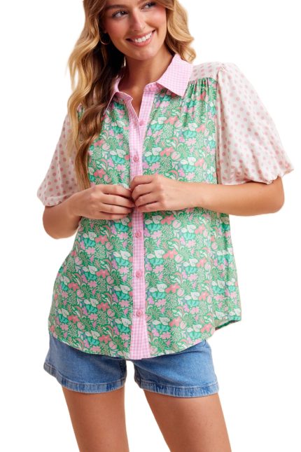 Floral Dot Balloon Sleeve Button-down Blouse