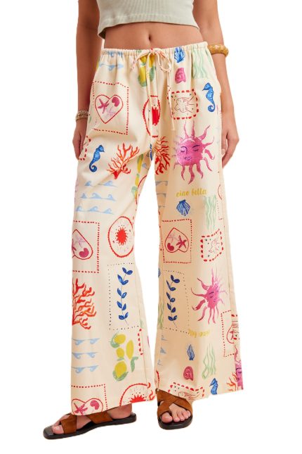 Coastal Motif Denim Drawstring Waist Wide-leg Pants