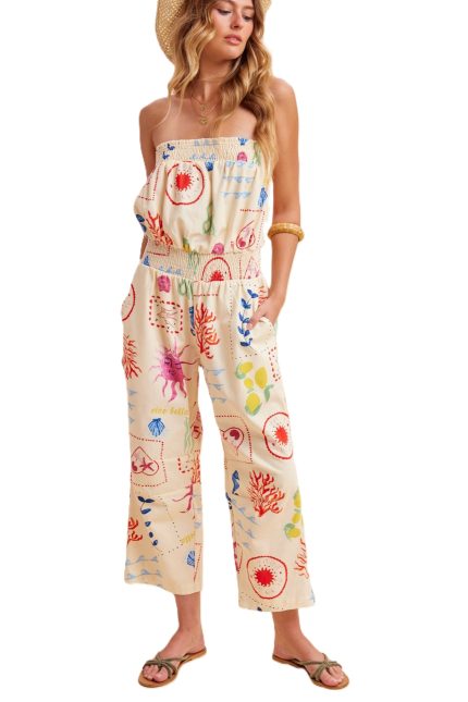 Coastal Motif Denim Strapless Jumpsuit