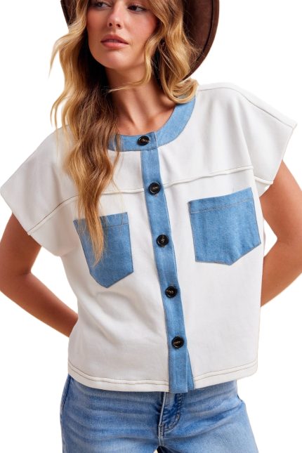 Contrasted Denim Sleeveless Cardigan