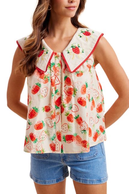 Strawberry Flower Embroidered Collar Button-down Blouse
