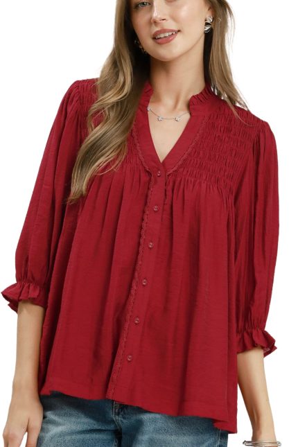 Smocked Yoke Button Front Blouse