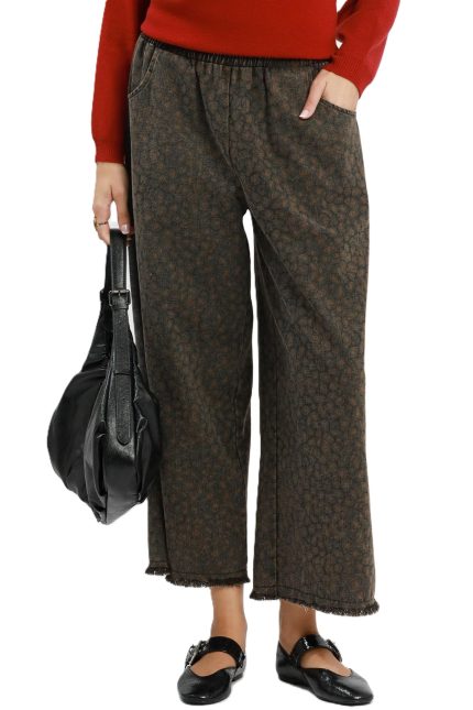 Leopard Print Frayed Hem Wide Leg Pants