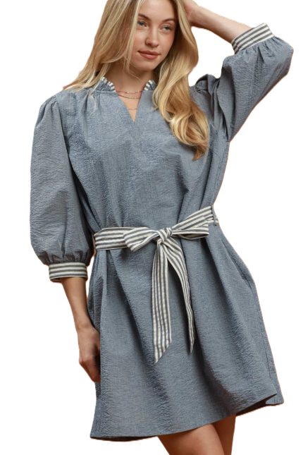 Textured Contrast Trim Tie Waist Mini Dress