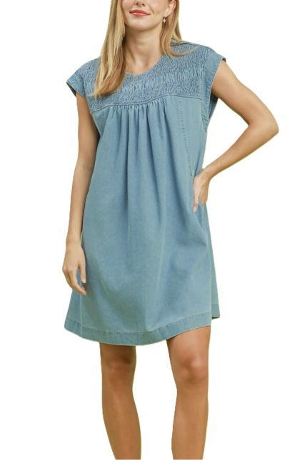 Chambray Smocked Mini Dress