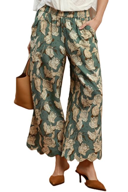 Floral Scallop Hem Wide Leg Pants