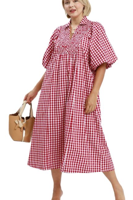 Plus Puff Sleeve Plaid Midi Dress