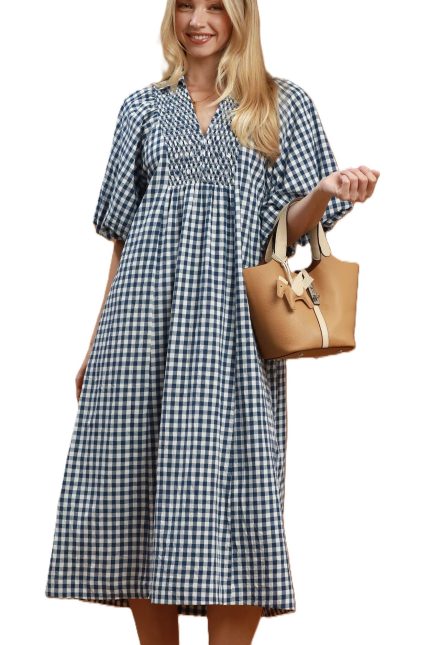 Puff Sleeve Plaid Midi Dress
