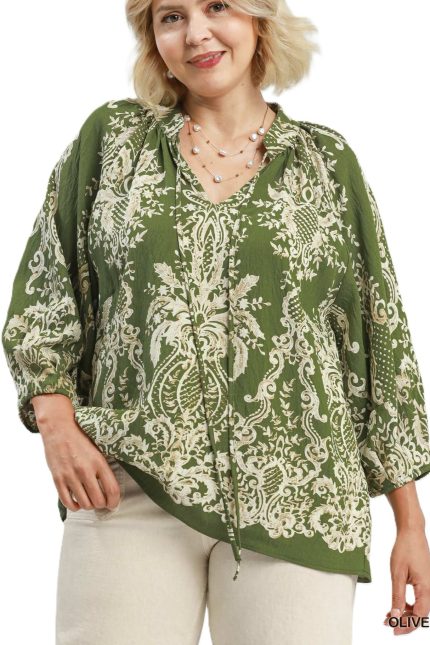 Plus Boho Border Print Tie Neck Blouse