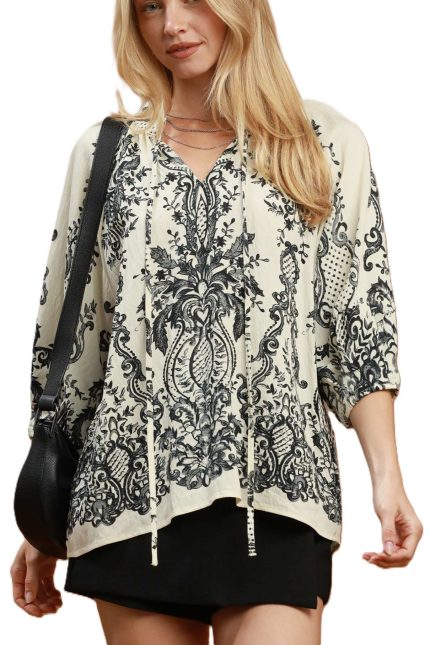 Boho Border Print Tie Neck Blouse
