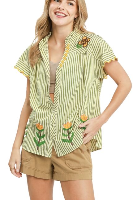 Embroidered Stripe Button Front Top