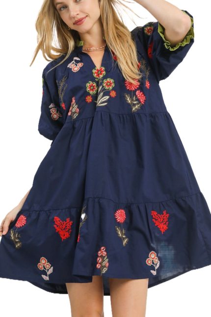 Embroidered Floral Tiered Dress