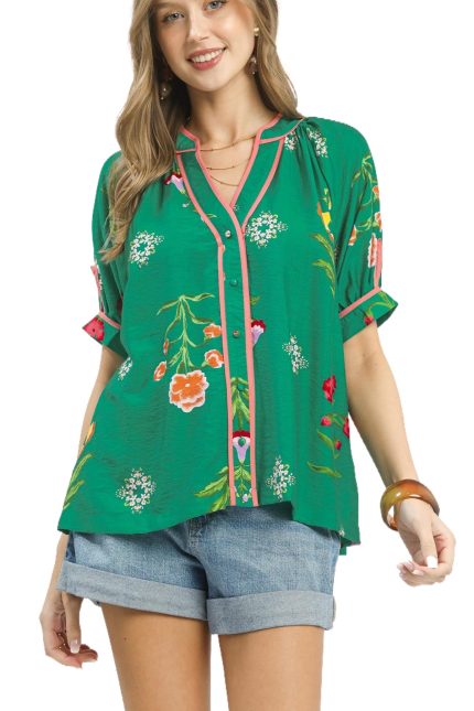 Botanical Print Contrast Trim Button Blous