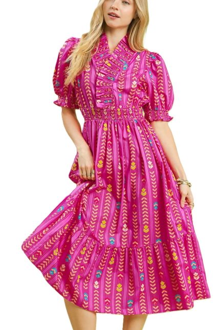 Vibrant Ruffle Smocked Midi Dress