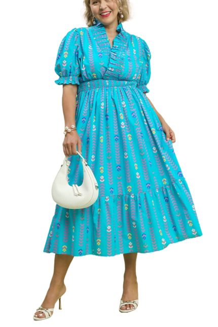 Plus Vibrant Ruffle Smocked Midi Dress