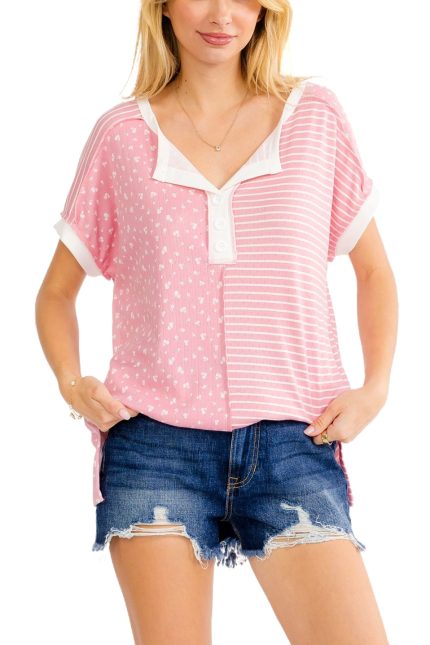 Floral Mixed Print Henley Top