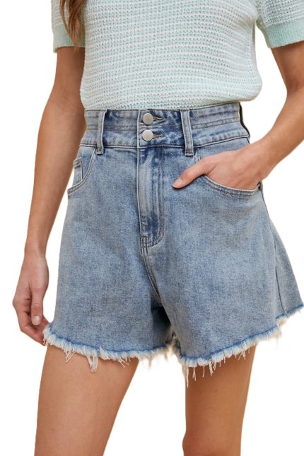 Frayed Hem Button Up Stretch Denim Shorts