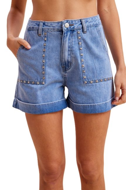 Studded Denim Roll-up Mini Shorts