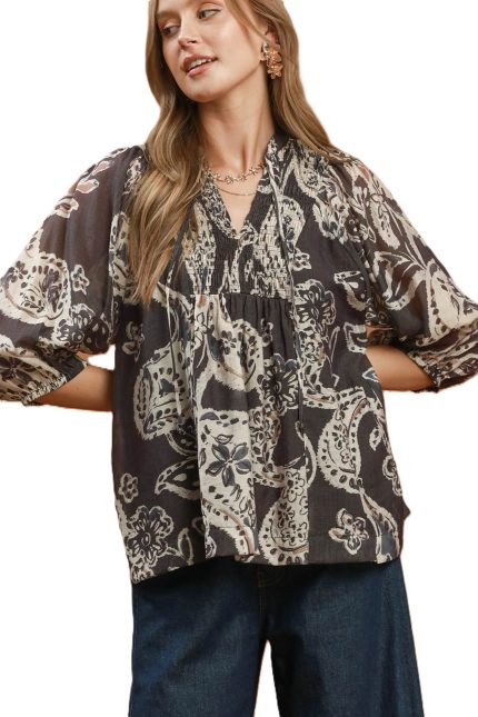 Paisley Print Smocked Neck Flowy Boho Top