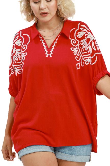 Plus Embroidered Sleeve Top