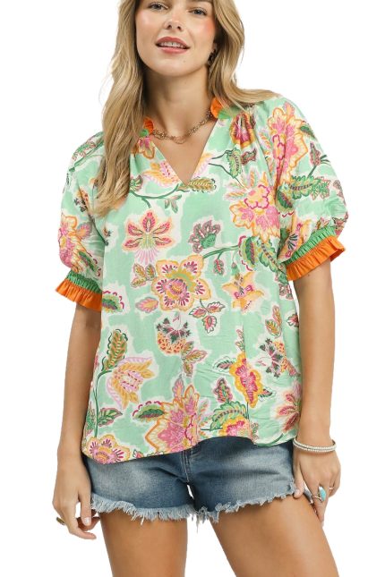 Ruffle Trim Puff Sleeve Floral Print Top