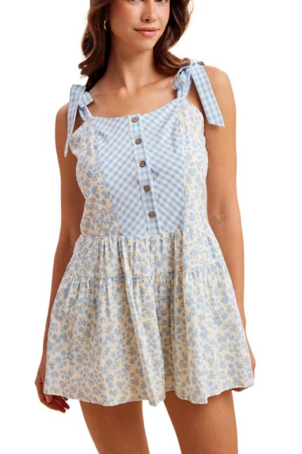Floral Gingham Check Tie-shoulder Romper