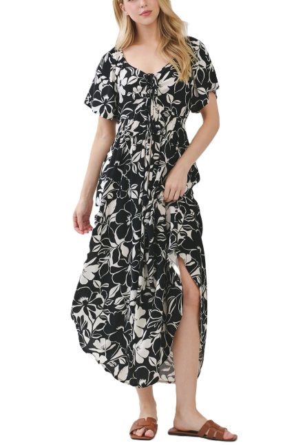 Front Ruched Tie Maxi Dress