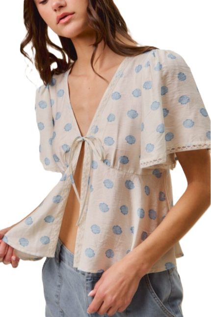 Shell Print Tie Front Flutter Sleeves Blouse Top