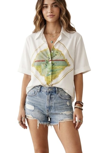 Artistic Floral Print Button Front Blouse