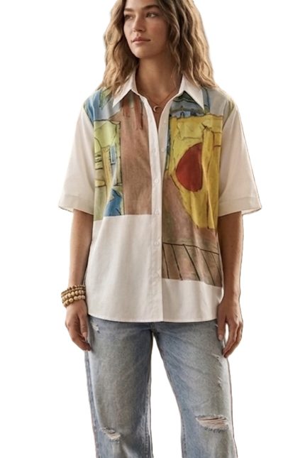 Artistic Interior Print Button Front Blouse