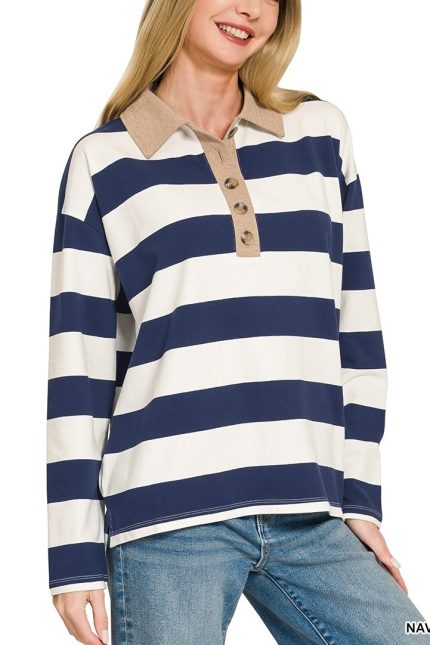Striped Contrast Collar Polo Tee