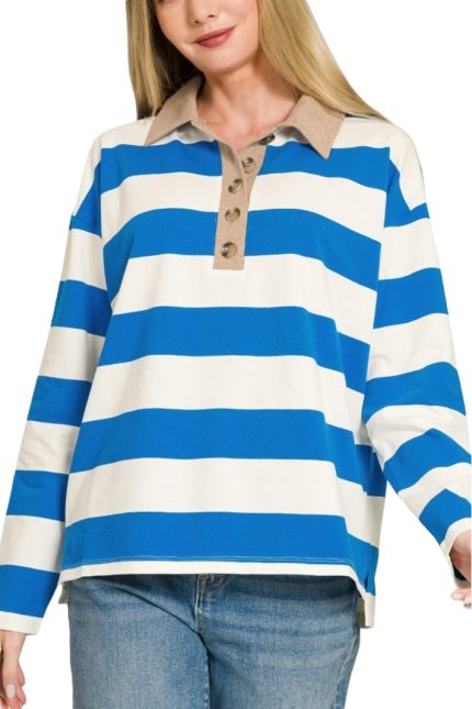 Plus Striped Contrast Collar Polo Tee