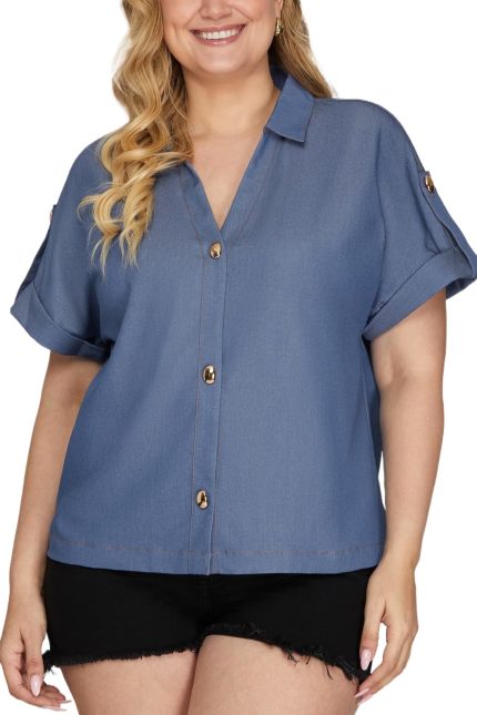 Plus Drop Shoulder Roll Tap Sleeve Woven Shirt Top