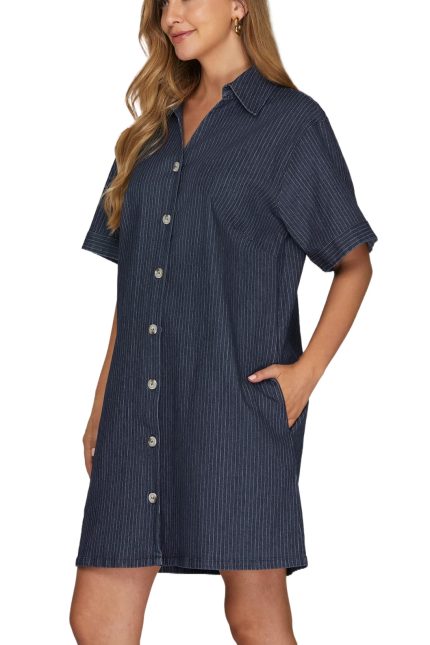 Stripe Washed Denim Button Down Collared Mini Dress