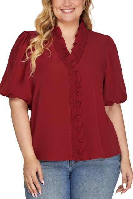 Plus Bubble Sleeve Smocked Neck Top
