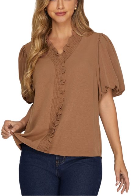 Short Bubble Sleeve Smocked Neck Top