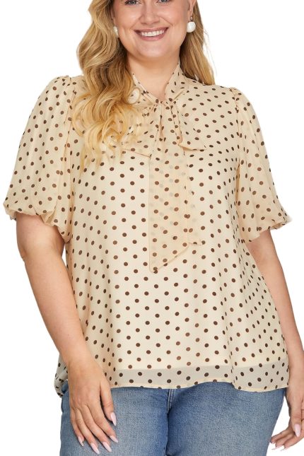 Plus Puff Sleeve Woven Polka Dot Print Top