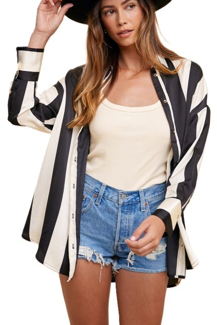 Wide Striped Satin Effect Relaxed Fit Woven Blouse