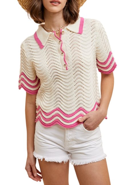 Striped Waive Pointelle Sweater Top