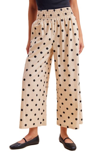 Polka Dot Linen Cropped Wide-leg Pants