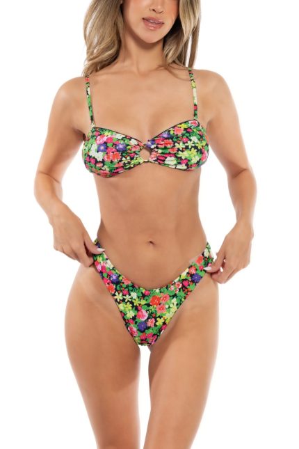 Neon Floral Bikini Set With Ring Accent And Cheeky Bottom