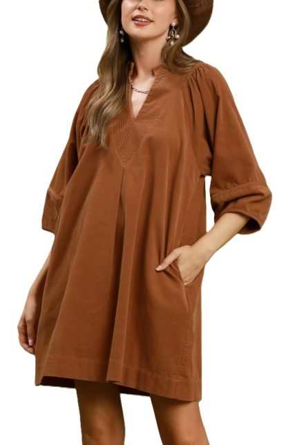 Corduroy V-neck Puff Sleeve Shift Dress