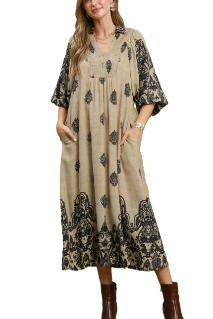 Border Print Smocked Detail Midi Dress