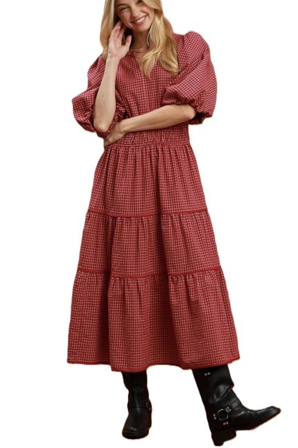 Plaid Smocked Waist Tiered Midi Dress