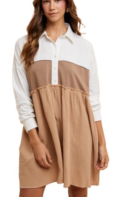 Mixed Media Relaxed Shirt Dress