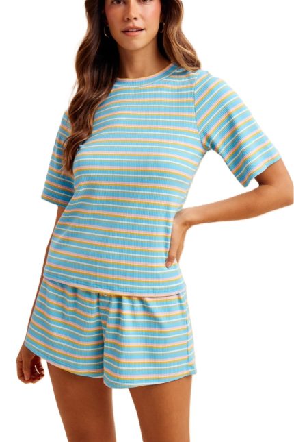Variegated Stripe Rib Knit Top And Boxer Shorts Set