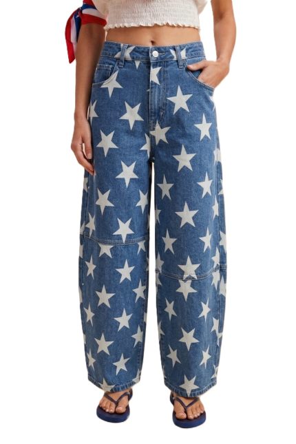 4th Of July Star Printed Denim Barrel Leg Pants