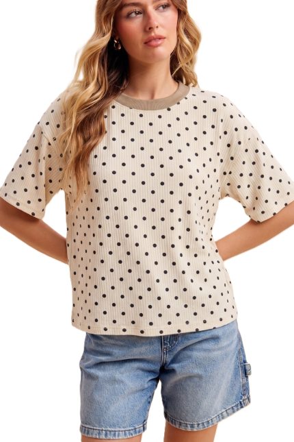 Contrast Neck Polka Dot Ribbed Knit Top