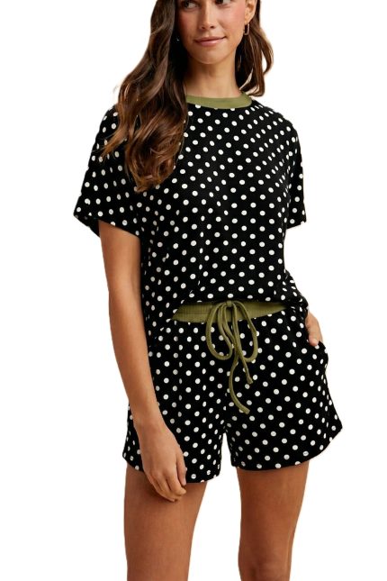 Loose Fit Polka Dot Knit Top And Mini Shorts Set